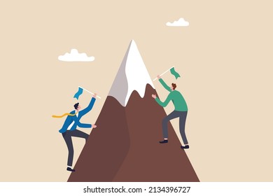 Business Competition, Businessman Compete To Win And Reach Success Goal, Challenge Or Career Achievement Concept, Businessmen Competitor Climb Up Mountain To Put Winning Flag At The Mountain Peak.