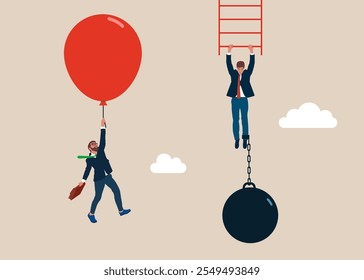 Business competition. Businessman with red balloon fly pass businessman hold on the ladder with burden. Strength conflict concept. Flat vector illustration