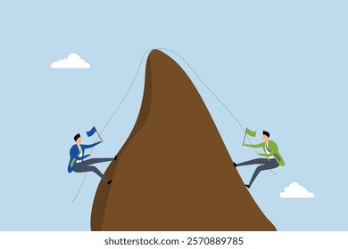 Business competition, businessmen rivals ascend mountain to place victory flag at summit. 