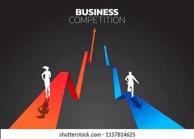 business competition. career path success. Silhouette of businesswomen and businessman running on difference color business graph