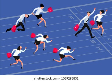 Business competition. Cartoon businessmen and business women racing to the finish line. Winners and losers. Vector illustration