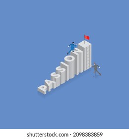 Business competition challenge concept. A faster businessman runs and steps up stair, staircase is the word PASSION, arrange in alphabet order with a red flag on top. A slower rival climb a ladder.