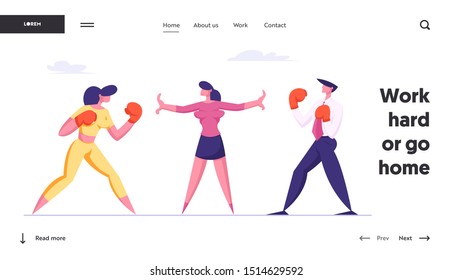 Business Competition Challenge Leadership Website Landing Page. Business Woman and Man in Boxing Gloves Prepare to Fight Waiting Referee Give Start Web Page Banner. Cartoon Flat Vector Illustration