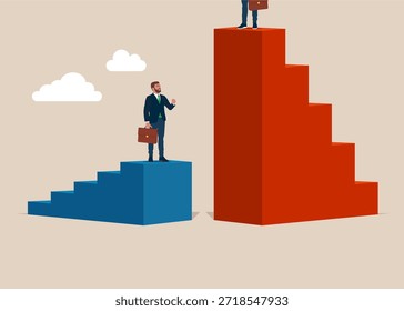 Competencia empresarial. Gráfico de victoria sobre los competidores. La rivalidad empresarial en los negocios y la búsqueda del éxito. Brecha salarial, desigualdad. Ilustración plana de Vector