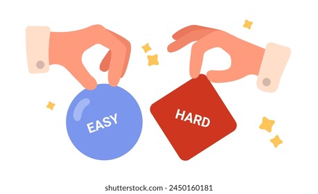 Business competition and choice, smart efficient versus difficult wrong decision of businessman. Competitors hands holding circle and square shapes with Easy and Hard text cartoon vector illustration