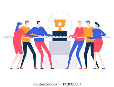 Business competition - colorful flat design style illustration on white background. Quality composition with two teams, rivals pulling a rope, tug of war, fighting for the prize, cup. Victory concept