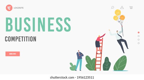 Business Competition, Competitive Advantages Landing Page Template. Female Business Character Climbing Ladder Chase Businessman Flying on Light Bulb Balloons in Sky. Cartoon People Vector Illustration