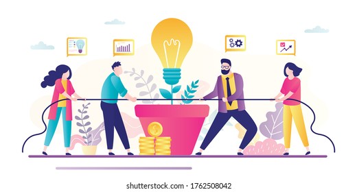 Business competition concept banner. Two groups of business people pull rope. Team building, brainstorming, business persons working together. Teamwork, new ideas search. Trendy vector illustration