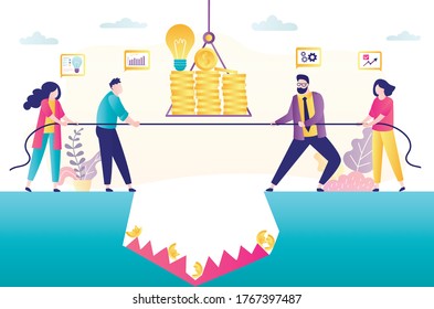 Business competition concept banner. Two groups of business people pull rope. Team building, business persons working together. Fight for prize and money. Teamwork office conflict. Vector illustration