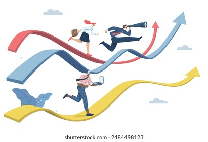 Business competition concept, Competition between business competitors, Skill competition or attempt to succeed in a career or work, Businessman running on arrows that go up and down.