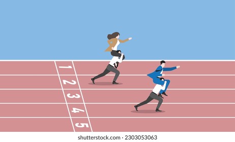 Business competition concept. Boss rides piggyback on employee team staff and runs on a race track. Ambition teamwork, intention, work hard, target, career position, contest, and performance concept.