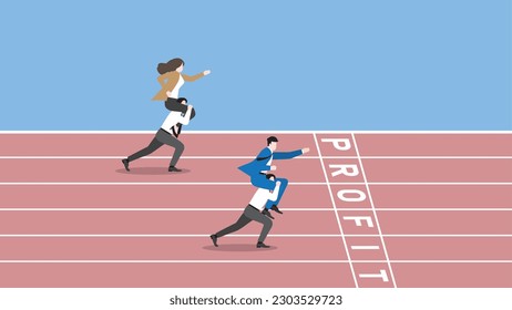 Business competition concept. Boss rides piggyback on employee team staff and runs on a race track to win at the PROFIT finish line. Teamwork, work hard, target, contest, and performance concept.