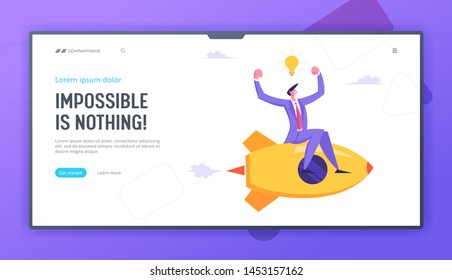 Business Competition Concept. Businessman Demonstrate Muscles Flying on Rocketship, Racing to Financial Success, Challenge. Website Landing Page, Web Page. Cartoon Flat Vector Illustration, Banner