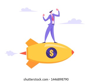 Business Competition Concept. Businessman Demonstrating Muscles Flying Forward with Rocket Engine with Dollar Sign on Board, Racing to Financial Success, Challenge. Cartoon Flat Vector Illustration