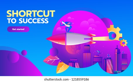 Business competition concept. Businessman flying forward with a rocket engine racing to success on business. Vector concept illustration with flat style