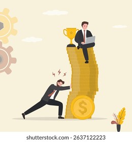 Business competition concept. Businessman pushing golden coin pile that other person sitting on top and working. Betrayal, destruction of competitor or colleague. Office conflict. vector illustration