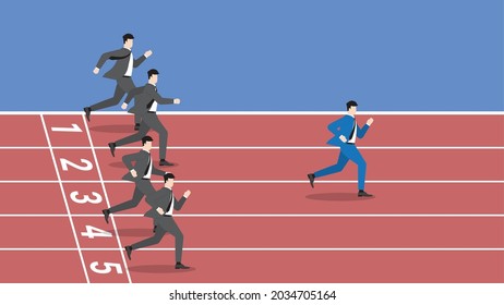 Business competition concept of businessman running in race rubber track. A successful competitive leader is a different entrepreneur from other competitors. A winning strategy to compete with rivals.