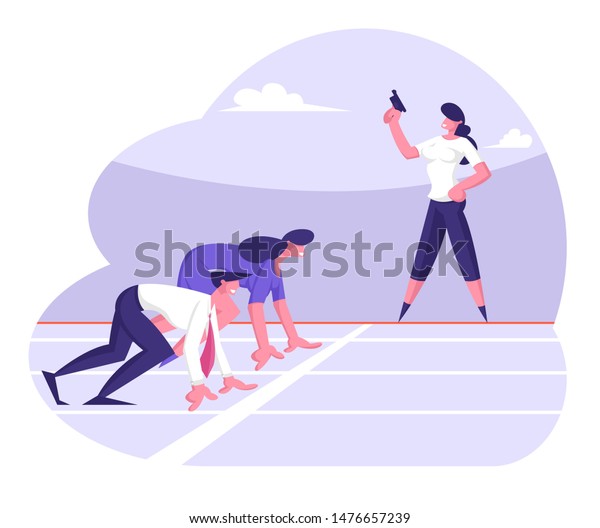Business Competition Concept with\
Businessman and Woman Stand in Low Start Posture Prepare to Run\
Waiting Judge Gun Pistol Signal. Victory, Leadership Challenge.\
Cartoon Flat Vector\
Illustration