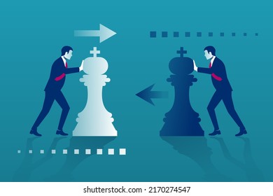 Business competition concept. Businessmen hold chess pieces in hands of punching as a symbol of rivalry, competition, corporate conflict. Vector illustration, flat design. Hitting chess figures.