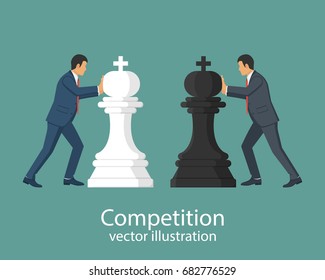 Business competition concept. Businessmen hold chess pieces in hands as a symbol of rivalry, competition, corporate conflict. Vector illustration, flat design. Hitting chess figures.