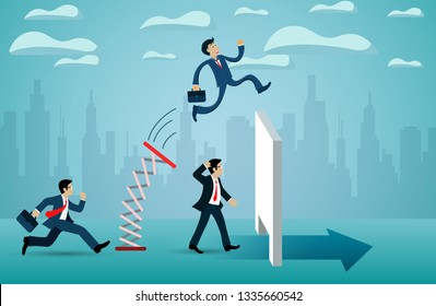 Business Competition Concept. Businessmen Jumping From Springboard Across The Wall Go To Success Goal. Creative Idea. Illustration Cartoon Vector