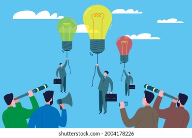 Business competition concept. Businessmen rise to the top with new ideas and compete to see who will be the first to succeed. Sponsors, investors and competitors are watching them through telescopes.