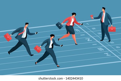 Business competition concept. Businesswoman as winner and two businessmen as losers, running to the finish line. Boss standing with winner's cup. Vector illustration
