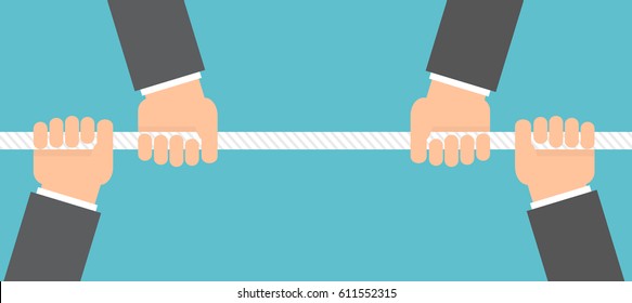 Business competition concept. Hands holding and pulling a rope
