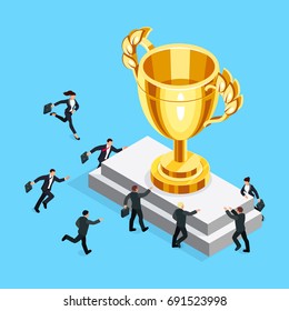 Business competition concept. Isometric businessmen run to the gold cup. 3d businessmen are fighting for the trophy. Vector illustration.