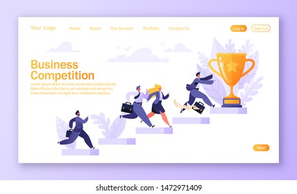 Business competition concept for mobile website, web page design. Road to success. Group of different running businessmen to achieve results, goals and enrichment run to the cup. Template landing page