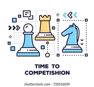 Business Competition Concept On White Background With Title. Vector Illustration Of Chess Pieces: Pawn, Rook And Horse. Thin Line Art Design For Web, Site, Banner, Business Presentation