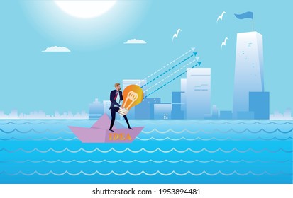 Business competition business concept, paper origami, businessman sailing boat on sea wave with blue sky, paper art idea and digital craft. The silhouette of the city in the background.
