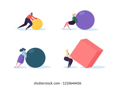 Business Competition Concept. People Characters Move Geometric Shapes. Team Work Leadership and Strategy. Competitive Race with Businessmen. Vector illustration