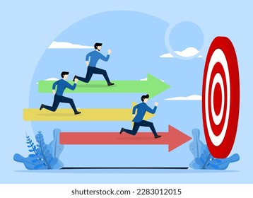 Business competition concept, concept of performance over other employees, competition against competitors to increase sales for victory, businessman and woman compete on arrows racing track.