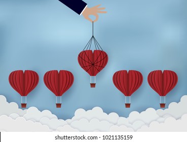 Business competition concept The red hot air balloons group competes up to the sky. The businessmen pull up. Succeed in Organization Business. Trading. Vector illustrations 