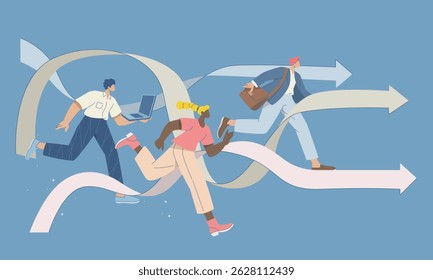 Business competition concept, Skill competition or attempt to succeed in career or work, Man and woman are running on arrow to reach career goal. Flat vector design illustration.
