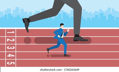 Business Competition Concept. Small And Medium Enterprise Fight With Large Company In Running Race Track. Metaphor Idea Of Entrepreneur Try To Fight With No Give Up. Vector Flat Style Minimal Design.