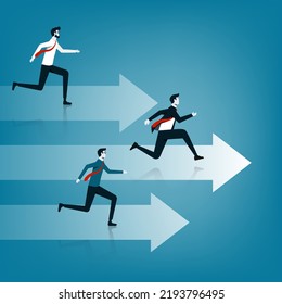 Business competition concept. Three business persons running on the arrow to be a winner 