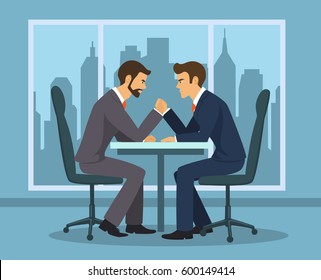 Business competition concept . Two businessman, employee arm wrestling in the office