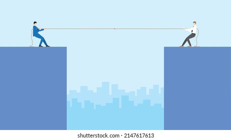 Business competition concept. Two businessmen, boss, employees, and salarymen fighting for a position by a tug of war rope. Conflict, confrontation and contest of career competing in the working day.