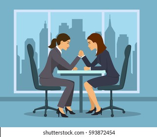 Business competition concept . Two businesswoman, employee arm wrestling in the office