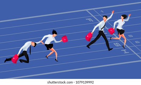 Business competition concept. Two couple of businessmen, winners and losers, racing to the finish line. Vector illustration