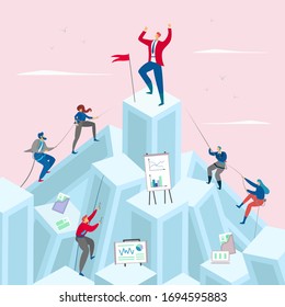 Business competition concept vector illustration. Businessman on the top pf the mountain. Competitive businessmen climb up. People cartoon characters compete for leadership. Success, goal achievement.