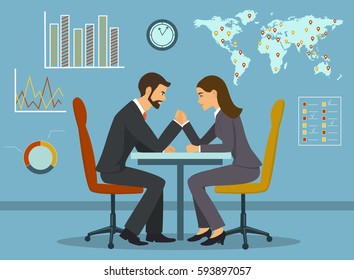 Business competition concept vector illustration. Businessman and businesswoman arm wrestling in the office