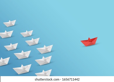 Business competition concept with white and red paper ships on white background.