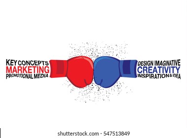 Business competition concept from words in boxer arm. Red and blue punch of boxer are fighting.