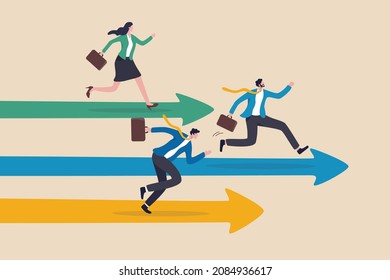 Business competition, contest or rivalry against competitors to increase sales for victory, performance compare to other employees concept, businessman and woman compete running on arrow racetrack. - Shutterstock ID 2084936617