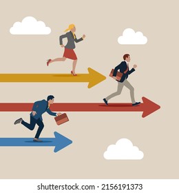 Business Competition, Contest Or Rivalry Against Competitors To Increase Sales For Victory, Performance Compare To Other Employees Concept, Businessman And Woman Compete Running On Arrow Racetrack.