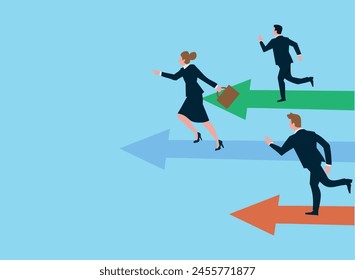 Business competition, contest or rivalry against competitors to increase sales for victory, performance compare to other employees concept, businessman and woman compete running on arrow racetrack.