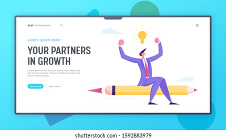 Business Competition, Creative Idea, Challenge Website Landing Page. Businessman with Light Bulb Flying on Pencil Rocket Engine Racing to Success Web Page Banner. Cartoon Flat Vector Illustration